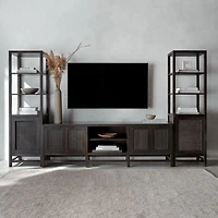Blake 85" Dark Brown Teak and Rattan Storage Media Console with 2 Tall Cabinets