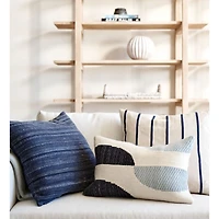 Como Cotton Embroidered Thin Stripe 23"x23" Deep Indigo Blue Throw Pillow with Feather Insert