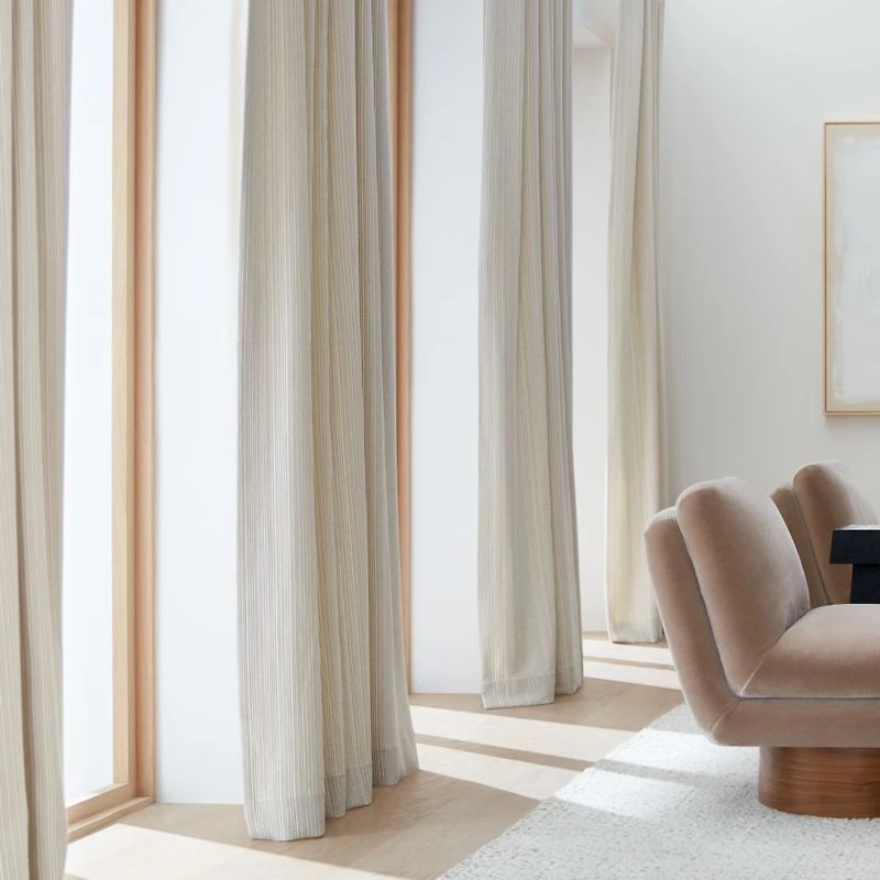 Matelasse Crisp White with Natural Stripe Organic Cotton Window Curtain Panel 52"x84"