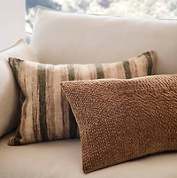 Sashiko Organic Cotton Velvet 22"x15" Camel Tan Throw Pillow with Feather Insert