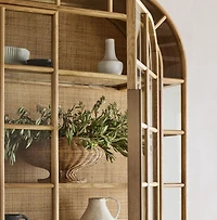 Atrium 58" White Oak and Rattan 4-Shelf Lighted Storage Display Cabinet