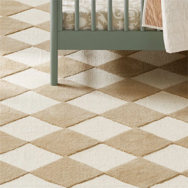 Checkerboard Tan Wool Kids Area Rug 9'x12'