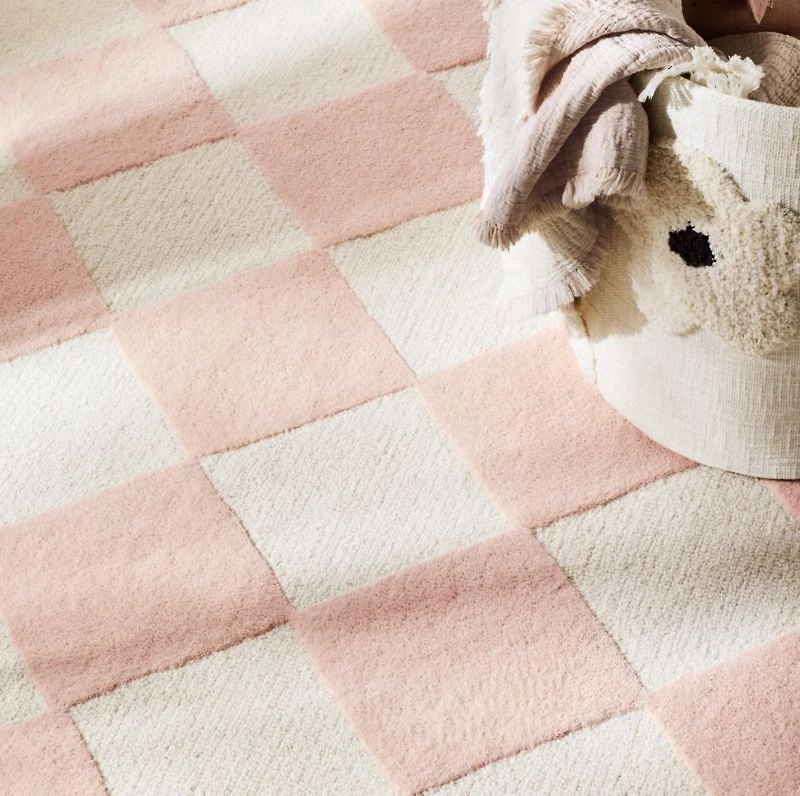 Checkerboard Pink Wool Kids Area Rug 6'x9'