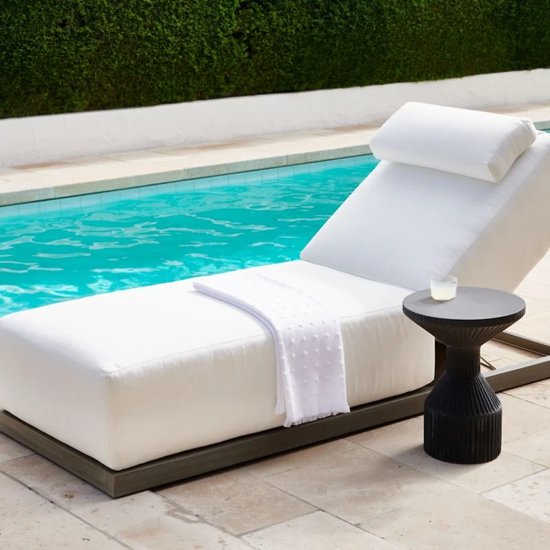 Ashore Grey Solid Mahogany Wood Outdoor Chaise Lounge with White Cushions