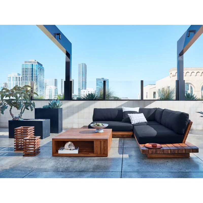 Shinola Runwell 3-Piece Teak Outdoor Sectional with Black Cushions