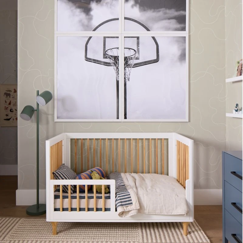 Babyletto Lolly White & Natural Wood 3-in-1 Convertible Baby Crib with Toddler Bed Conversion Kit