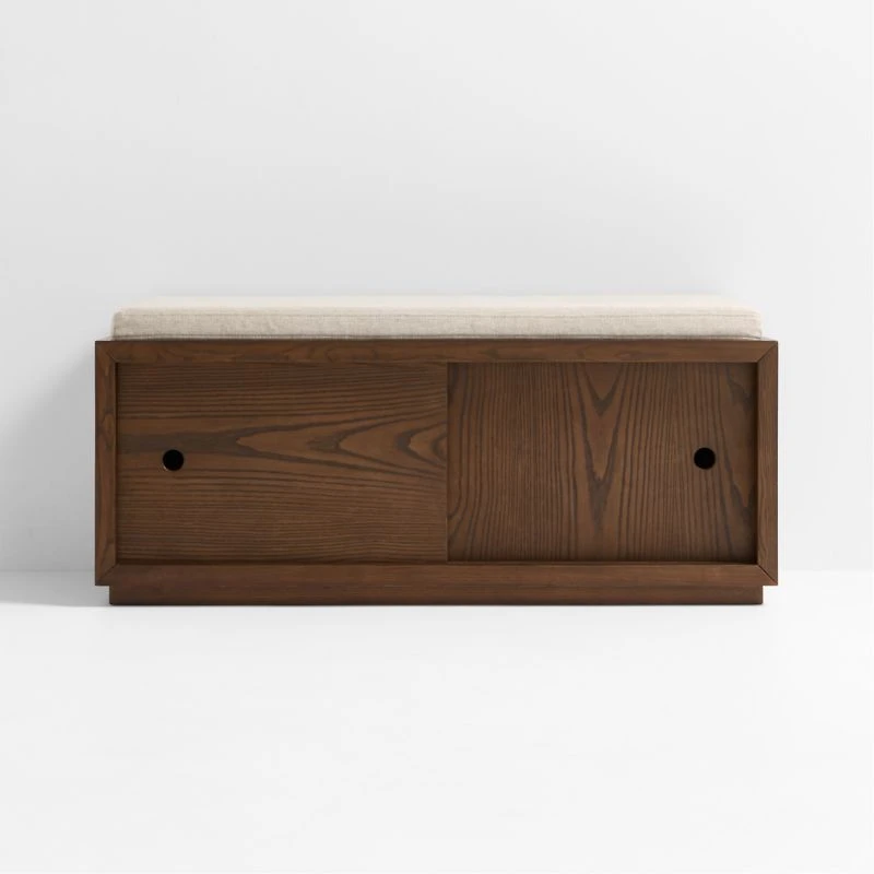 Cade Deep Brown Wood 3-Cube Sliding Door Bench with Natural Cushion