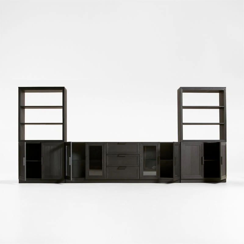 Calypso 162" Black Wood Media Console Set with Wood Door Bookcase