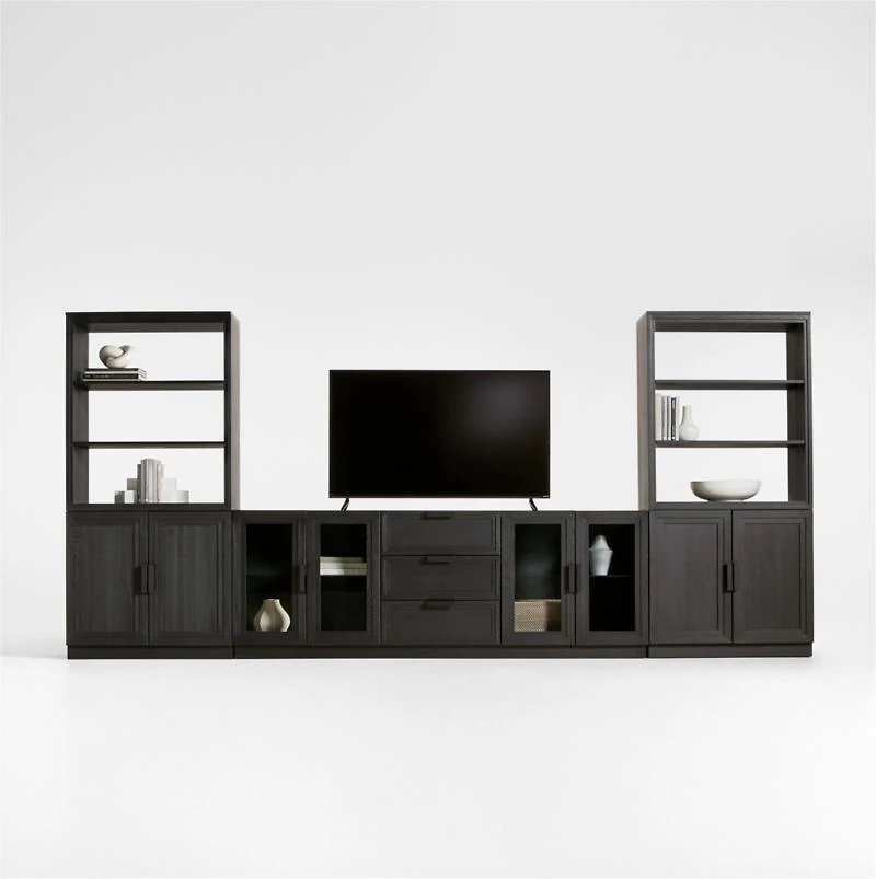 Calypso 162" Black Wood Media Console Set with Wood Door Bookcase