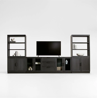 Calypso 162" Black Wood Media Console Set with Wood Door Bookcase