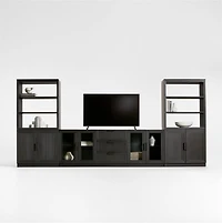 Calypso 162" Black Wood Media Console Set with Wood Door Bookcase