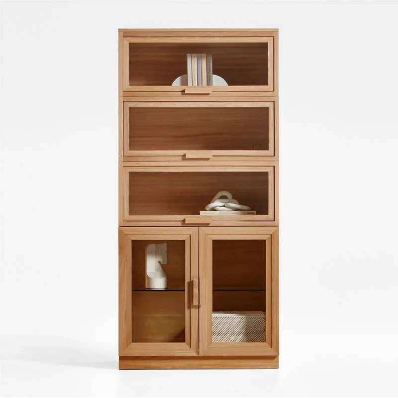 Calypso Natural Elm Wood Modular Storage Cabinet with Glass-Door Base and Glass Doors