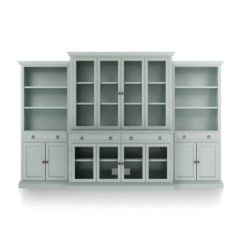 Cameo Blue Grey 4-Piece Glass Door Wall Unit with Storage Bookcase