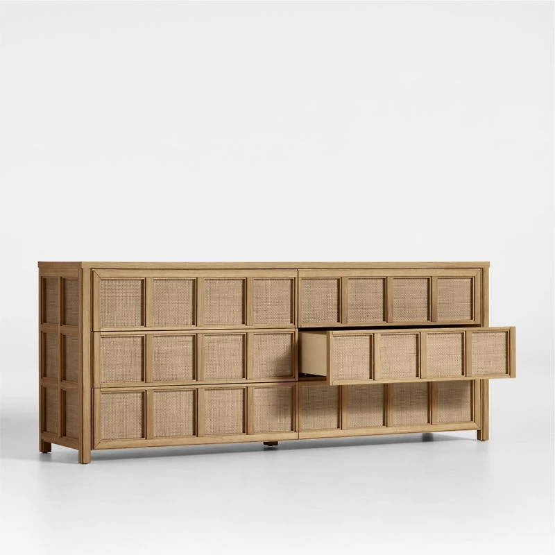 Campagna 70.6" Rattan and Natural Oak Wood 6-Drawer Dresser