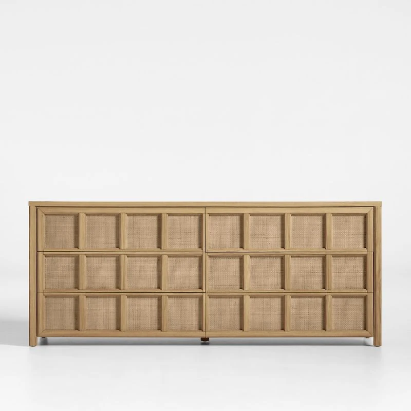 Campagna 70.6" Rattan and Natural Oak Wood 6-Drawer Dresser
