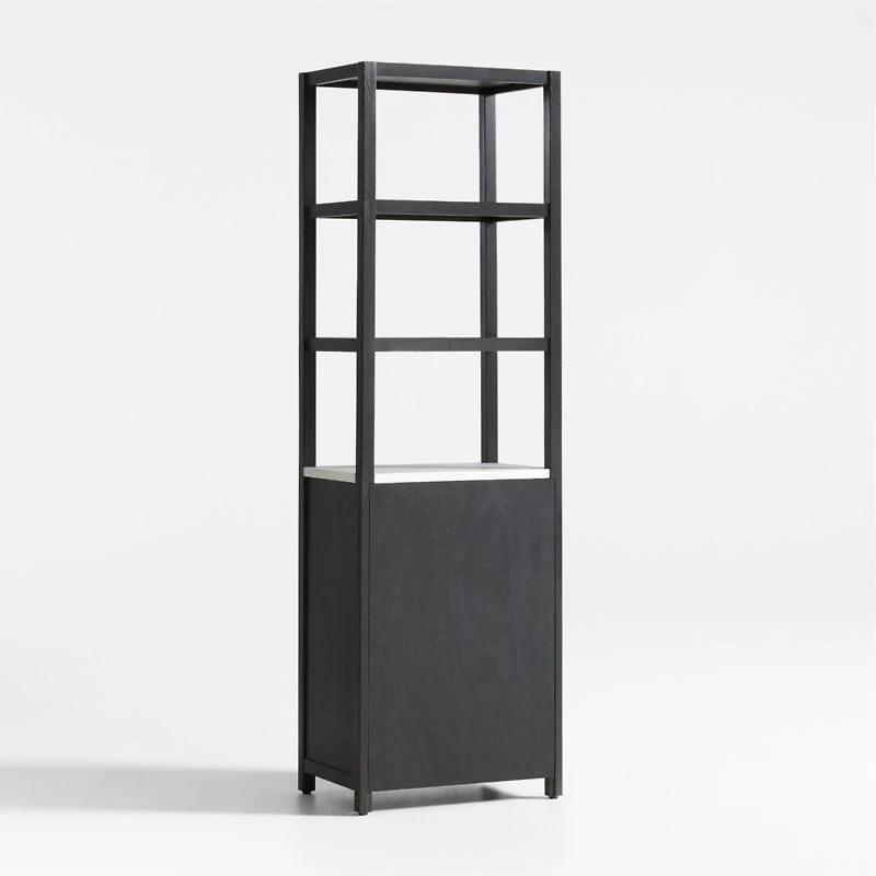 Carmen Tall White Marble Shelf and Black Ash Wood Bathroom Storage Tower