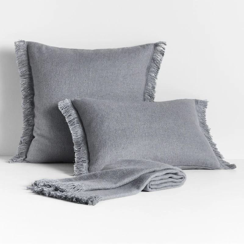 Casual Textured Fringe 24"x16" Smoke Blue Throw Pillow with Feather Insert