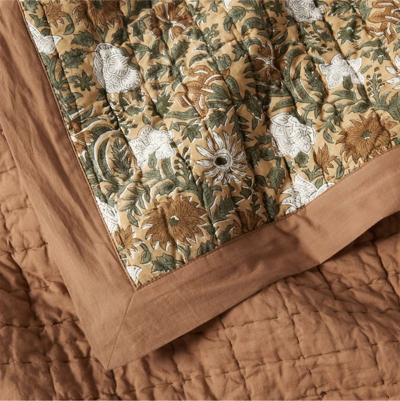 Celeste Organic Cotton Taupe Desert Floral Block Print King Quilt