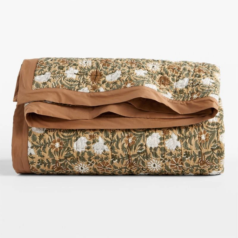 Celeste Organic Cotton Taupe Desert Floral Block Print King Quilt
