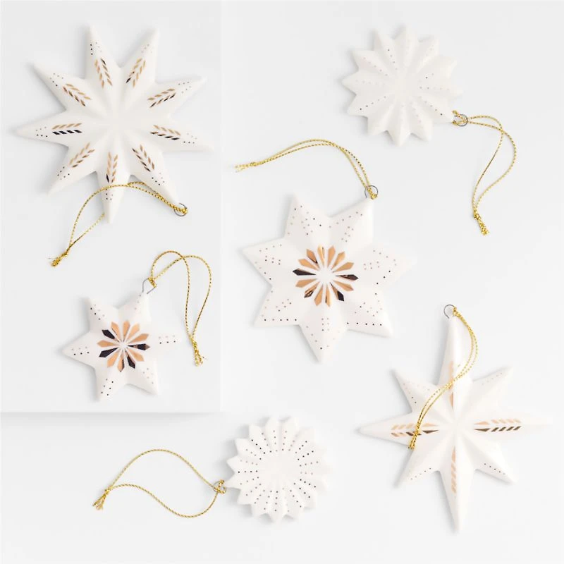 Gold and White Ceramic Snowflake Christmas Tree Ornaments, Set of 6