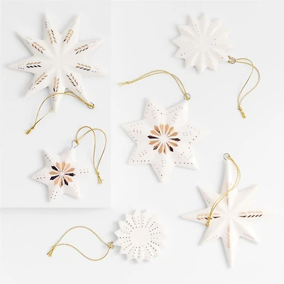 Gold and White Ceramic Snowflake Christmas Tree Ornaments, Set of 6
