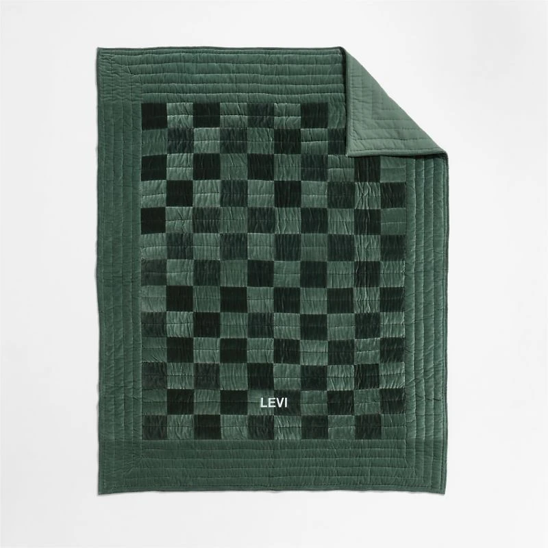 Checkerboard Pine Green Hand-Quilted Organic Cotton Velvet Kids Full/Queen Quilt