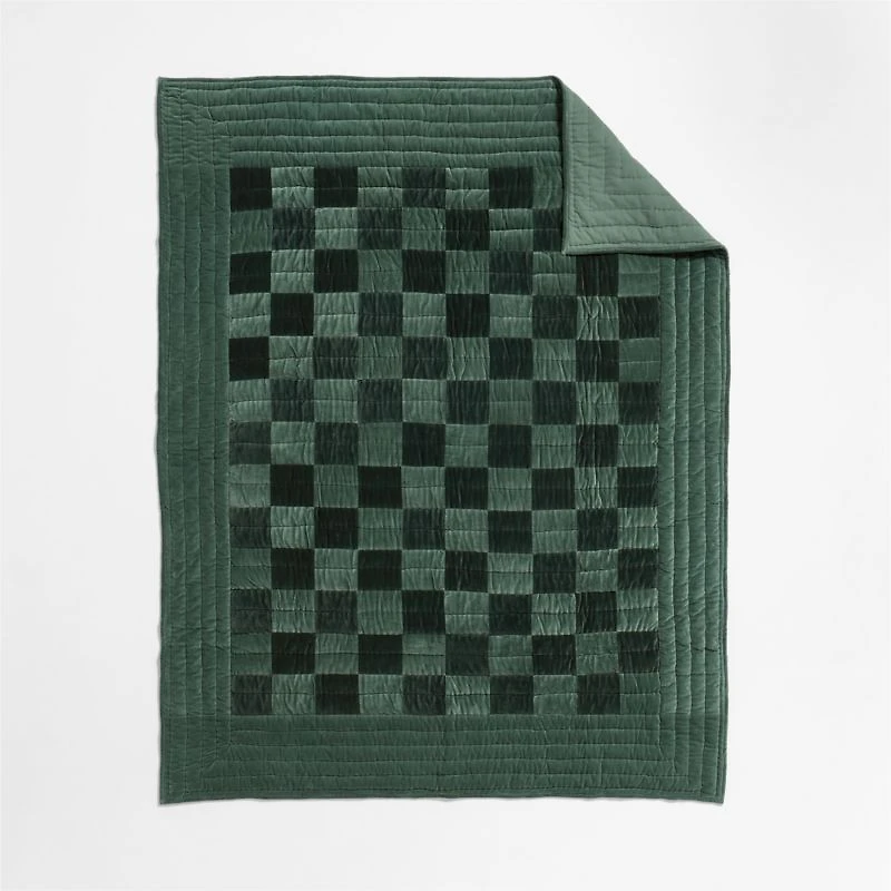 Checkerboard Pine Green Hand-Quilted Organic Cotton Velvet Kids Full/Queen Quilt