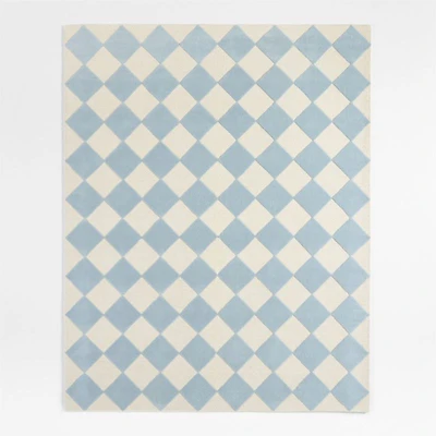 Checkerboard Blue Wool Kids Area Rug 9'x12'