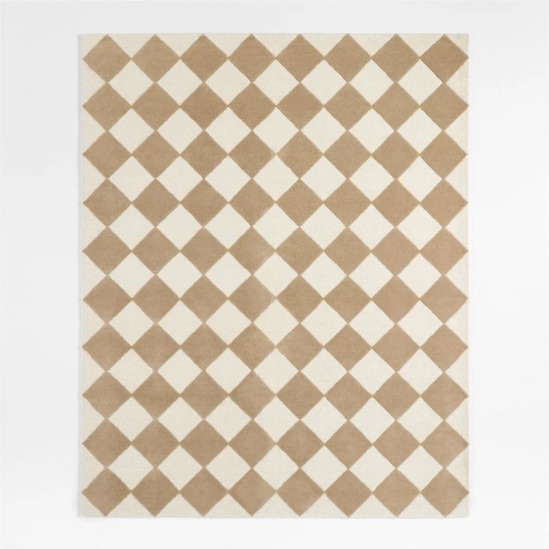 Checkerboard Tan Wool Kids Area Rug 9'x12'