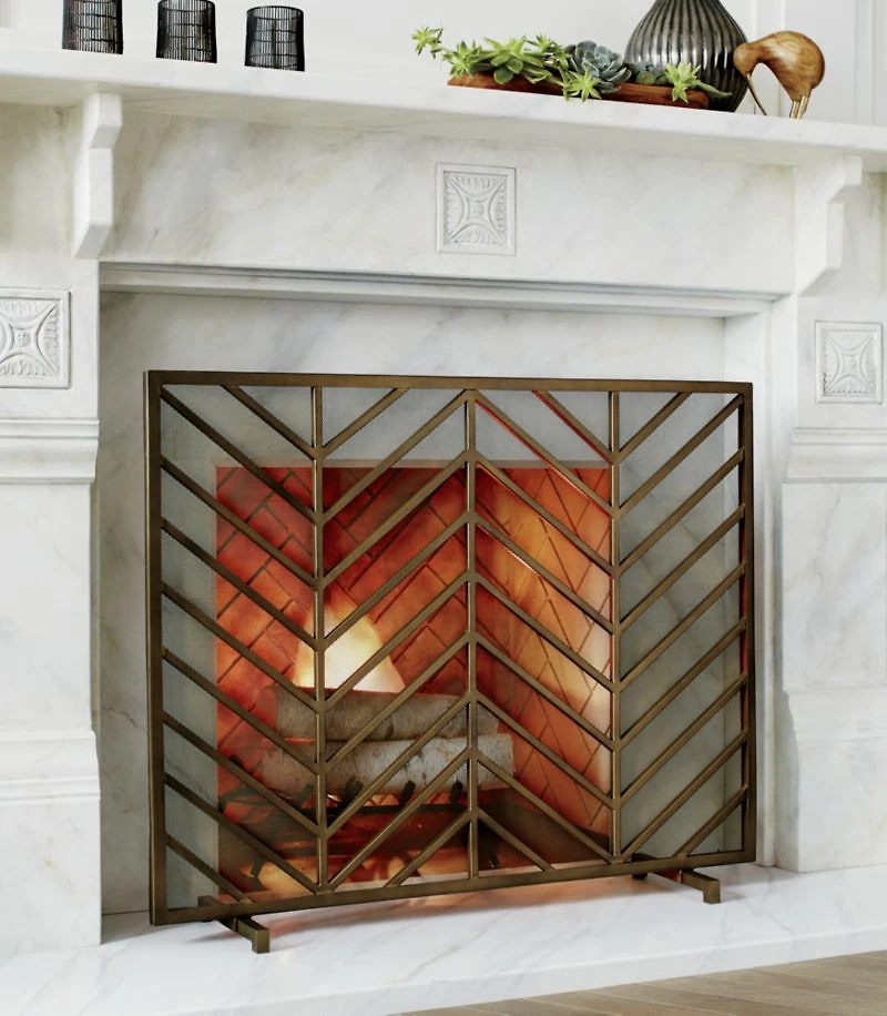 Chevron Antique Brass Fireplace Screen