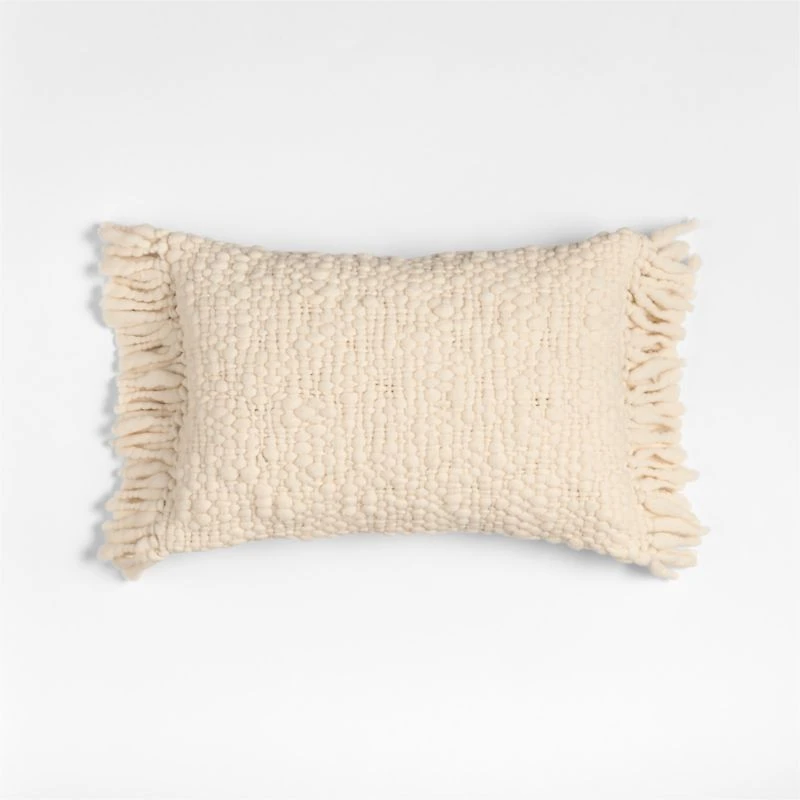 Chunky Woven Wool Fringe 22"x15" Arctic Ivory Throw Pillow with Feather Insert