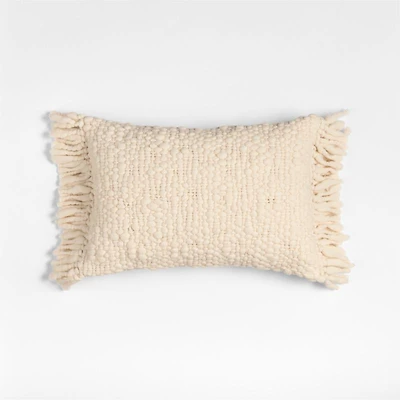 Chunky Woven Wool Fringe 22"x15" Arctic Ivory Throw Pillow with Feather Insert