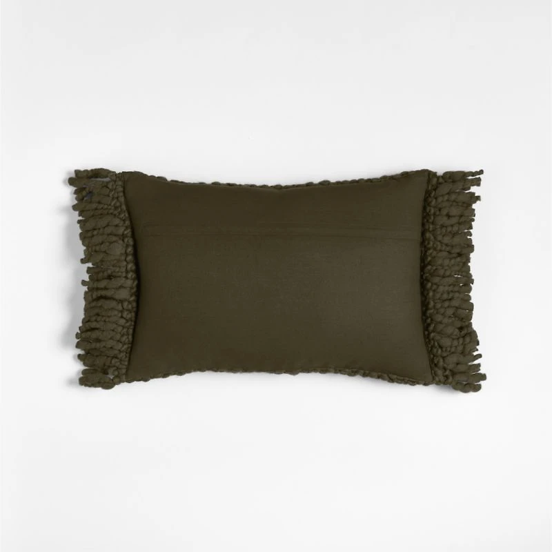 Chunky Woven Wool Fringe 22"x15" Burnt Green Throw Pillow with Feather Insert
