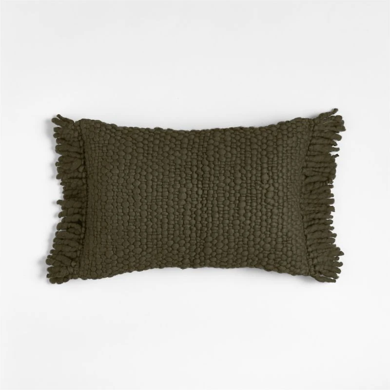 Chunky Woven Wool Fringe 22"x15" Burnt Green Throw Pillow with Feather Insert