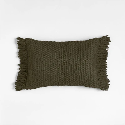 Chunky Woven Wool Fringe 22"x15" Burnt Green Throw Pillow with Feather Insert