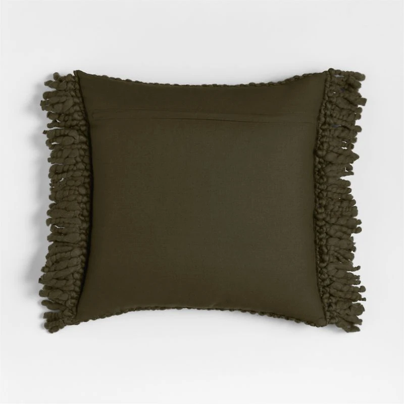 Chunky Woven Wool Fringe 23"x23" Burnt Green Throw Pillow with Feather Insert