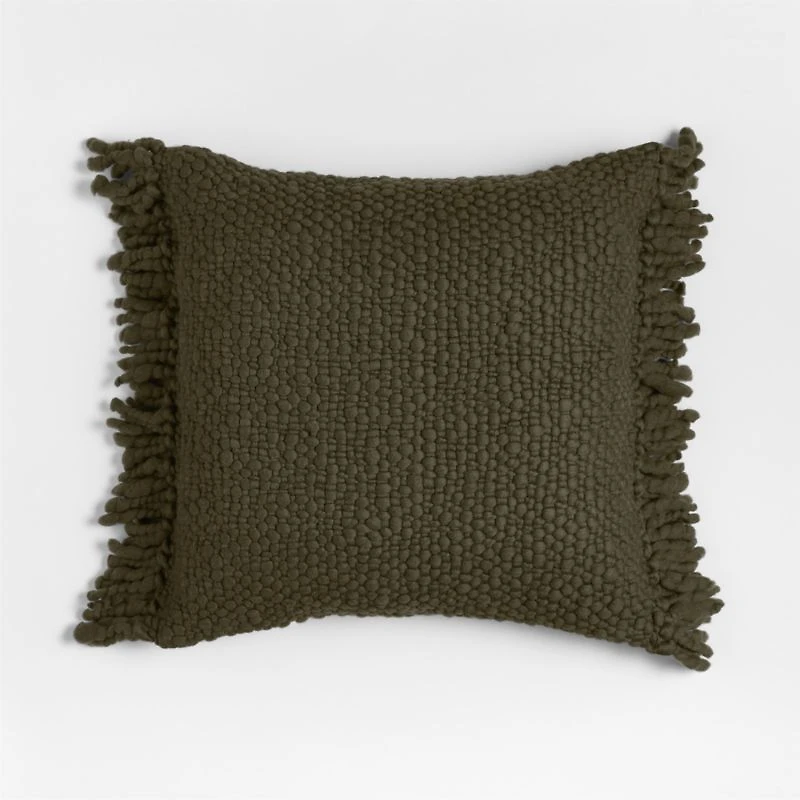 Chunky Woven Wool Fringe 23"x23" Burnt Green Throw Pillow with Feather Insert