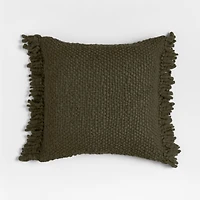 Chunky Woven Wool Fringe 23"x23" Burnt Green Throw Pillow with Feather Insert