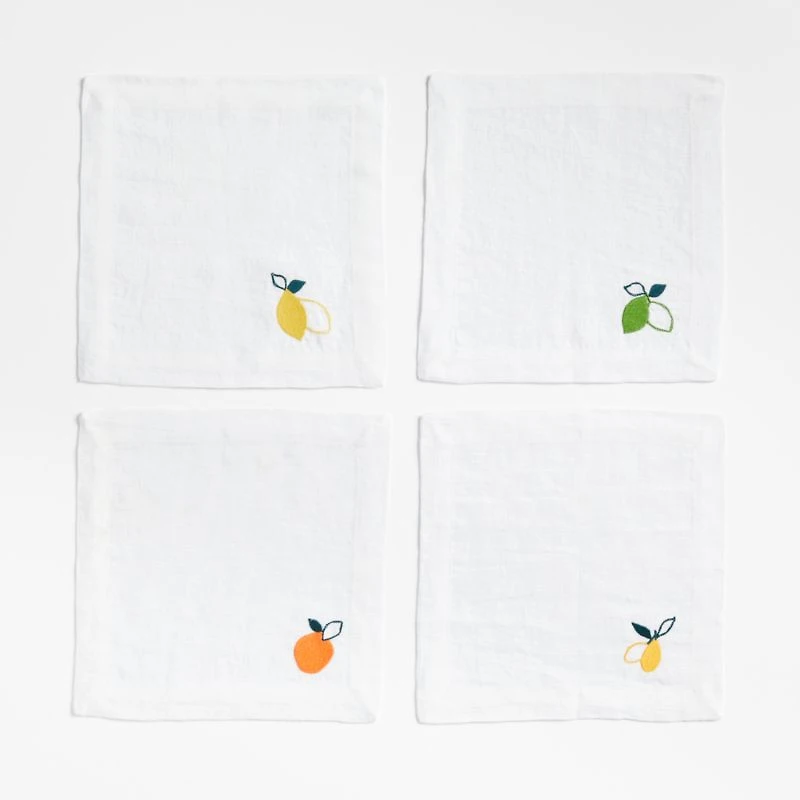 Citrus Embroidered EUROPEAN FLAX ™-Certified Linen Cocktail Napkins, Set of 4