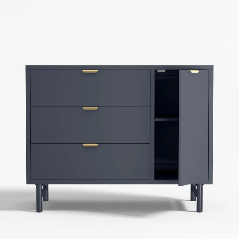 Classic 44"  Deep Navy Blue Wood 3-Drawer Kids Dresser with Door