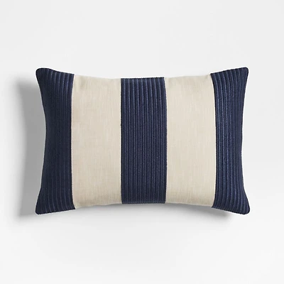 Como Cotton Embroidered Thick Stripe 22"x15" Deep Indigo Blue Throw Pillow with Down-Alternative Insert