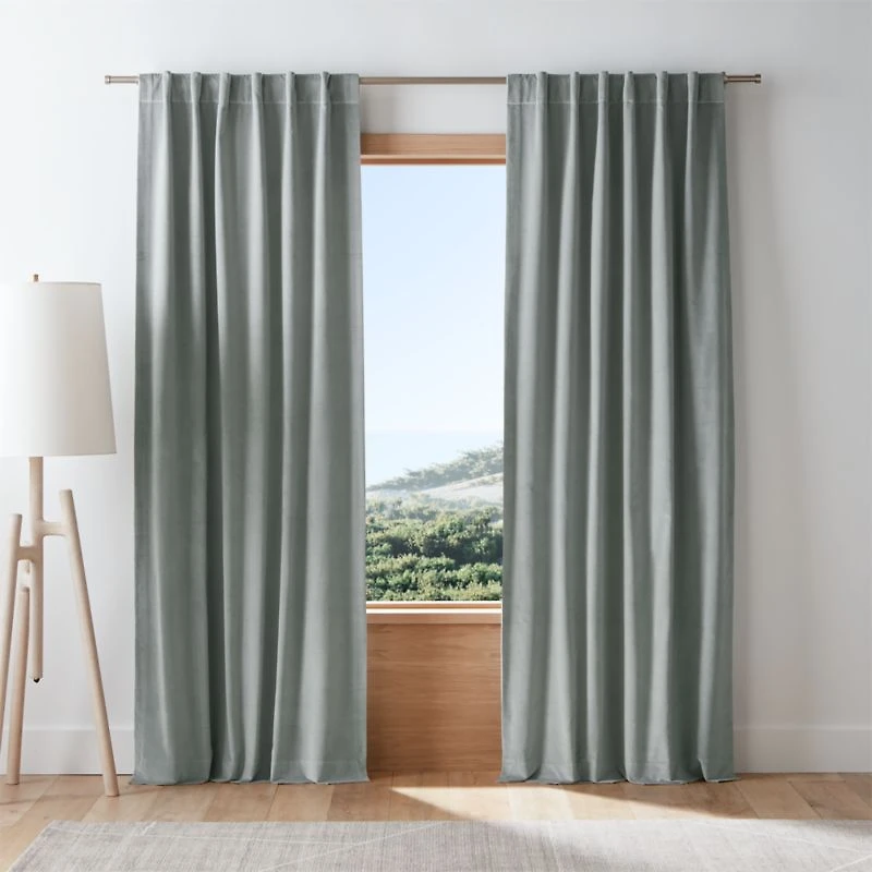 Mist Blue Cotton Velvet Window Curtain Panel with Lining 48"x96"