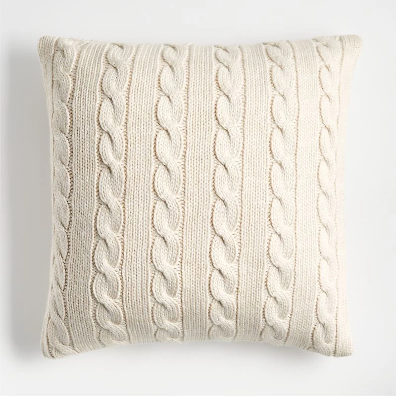 Alabaster Ivory Wool Blend Cozy Cable Knit 23"x23" Throw Pillow Cover
