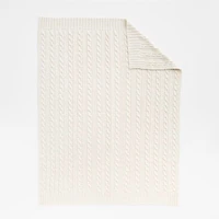 Alabaster Beige Wool Blend Cozy Cable Knit 70"x55" Throw Blanket