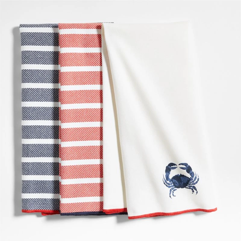 Crab and Stripe Organic Cotton Dish Towels, Set of 3