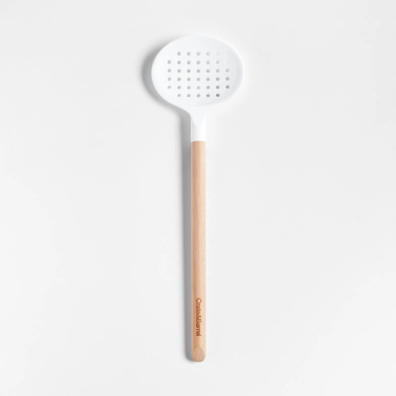 Crate & Barrel Wood and White Silicone Slotted Spoon