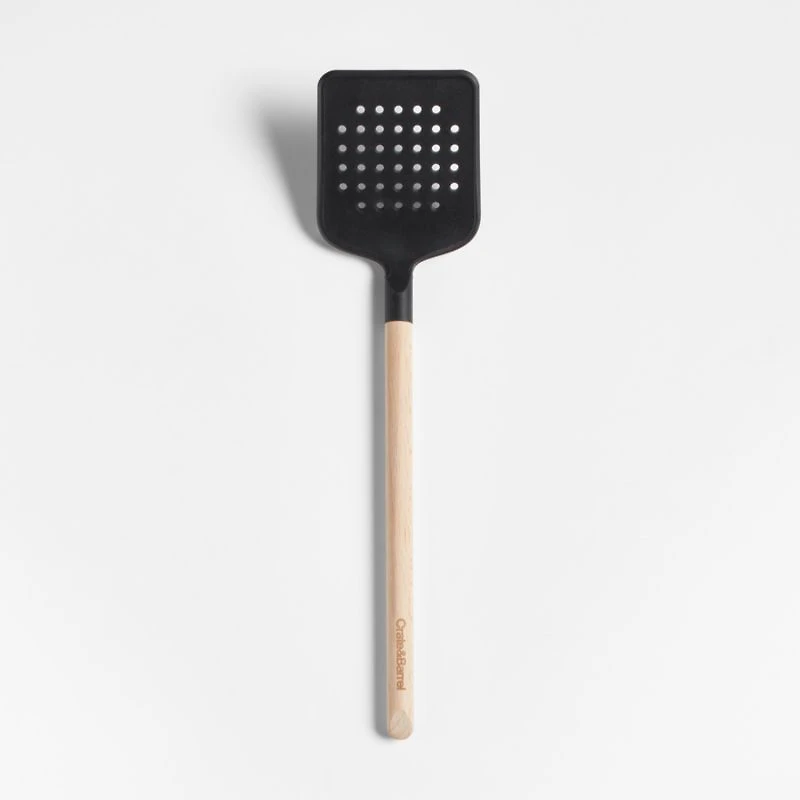 Crate & Barrel Black Silicone and Wood Slotted Turner Spatula