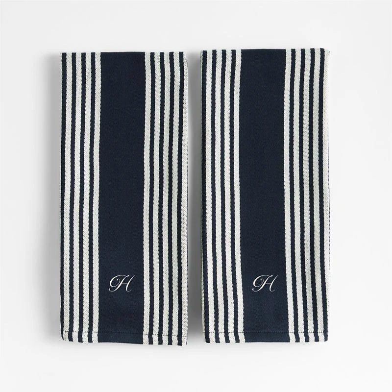 Cuisine Indigo with White Stripe Organic Cotton Kitchen Towels, Set of 2
