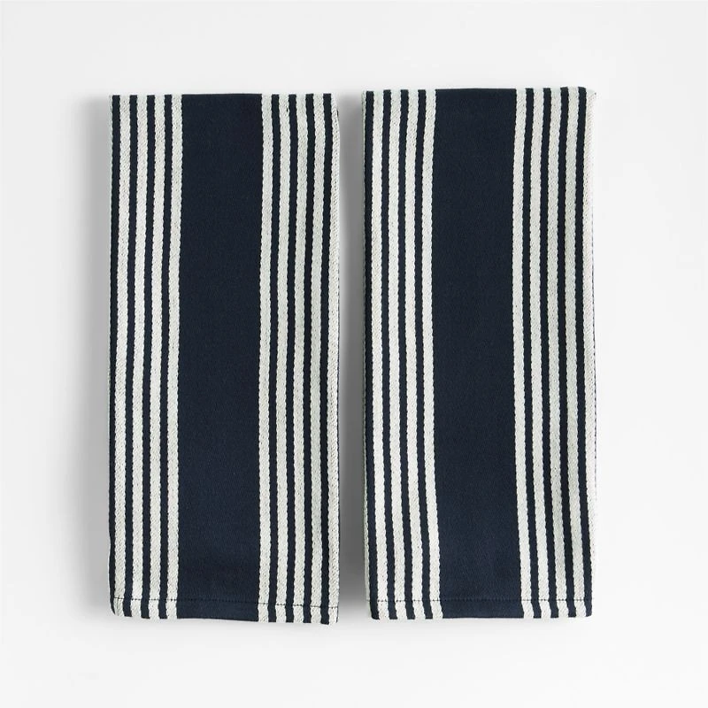 Cuisine Indigo with White Stripe Organic Cotton Kitchen Towels, Set of 2