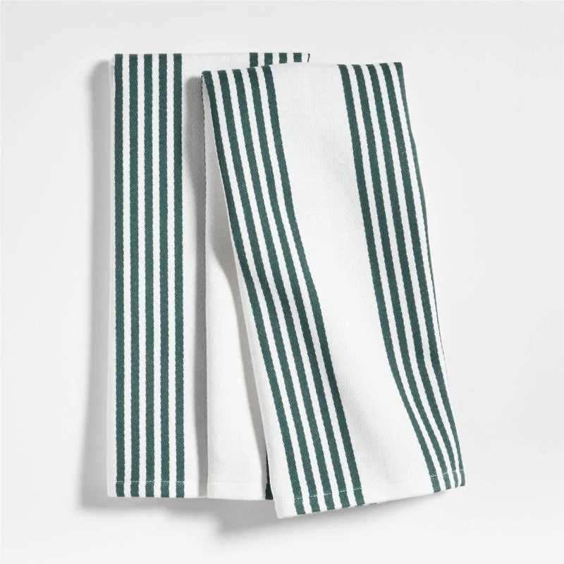 Cuisine White with Green Stripe Organic Cotton Dish Towels, Set of 2